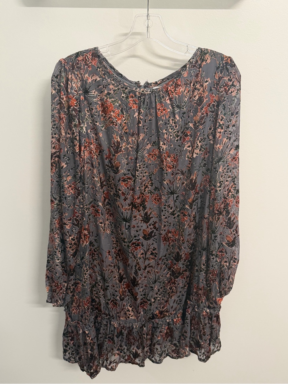 Floral Long Sleeve Shift Dress in Slate Blue and Rust